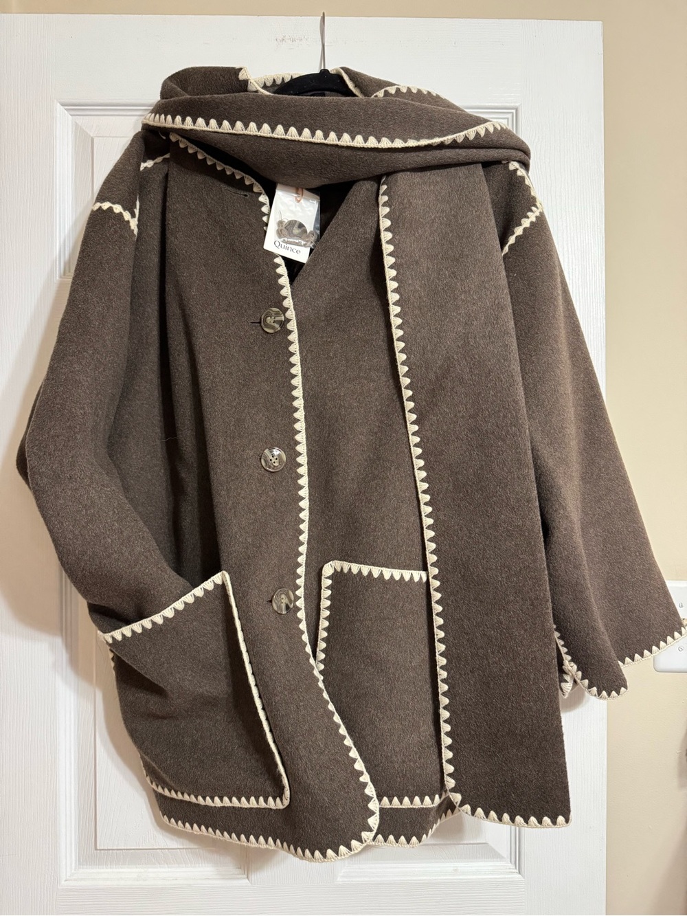Quince Brown Wool Scarf-Coat with Cream Scalloped Edge